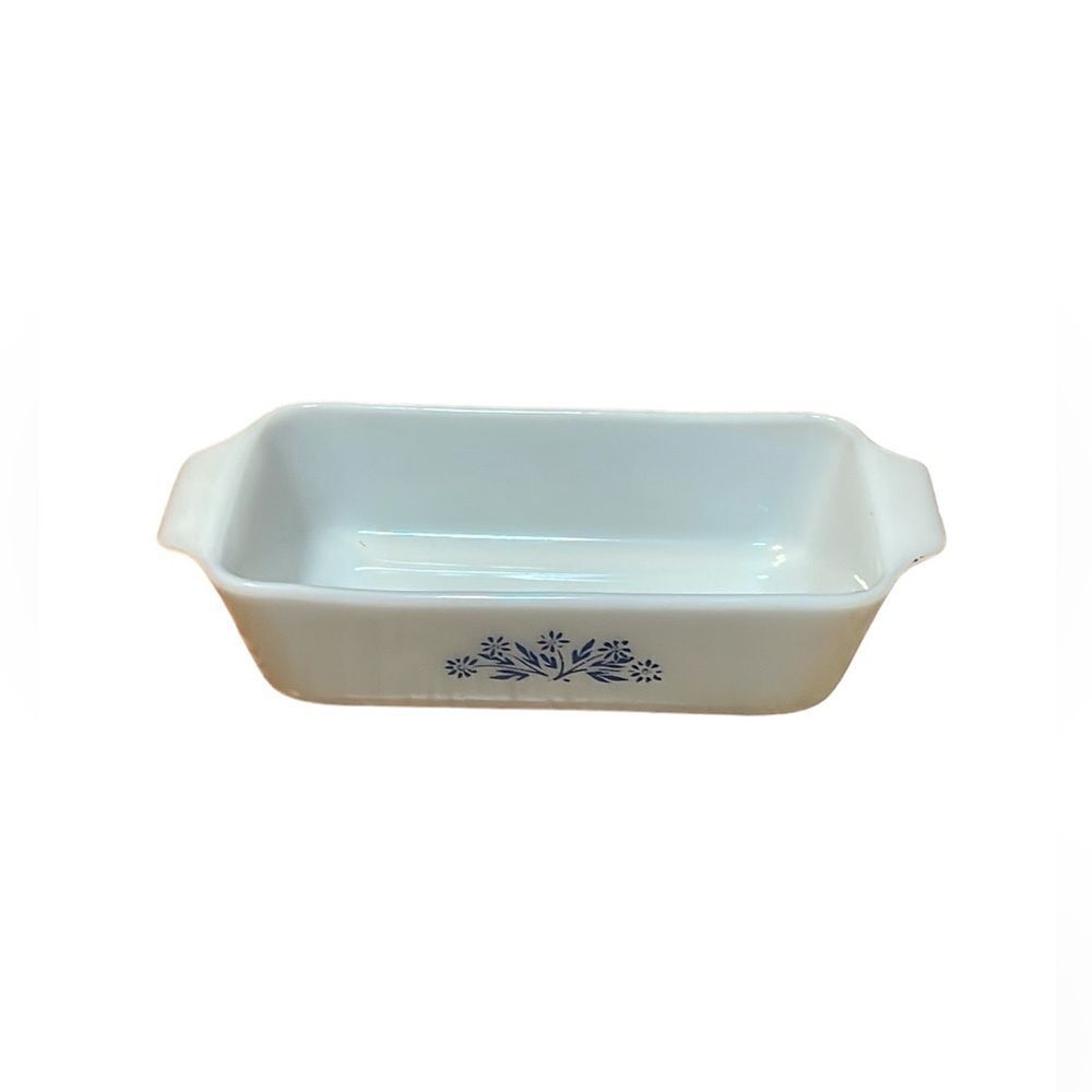 VINTAGE ANCHOR HOCKING FIRE KING MILK GLASS W/BLUE CORNFLOWER LOAF PAN